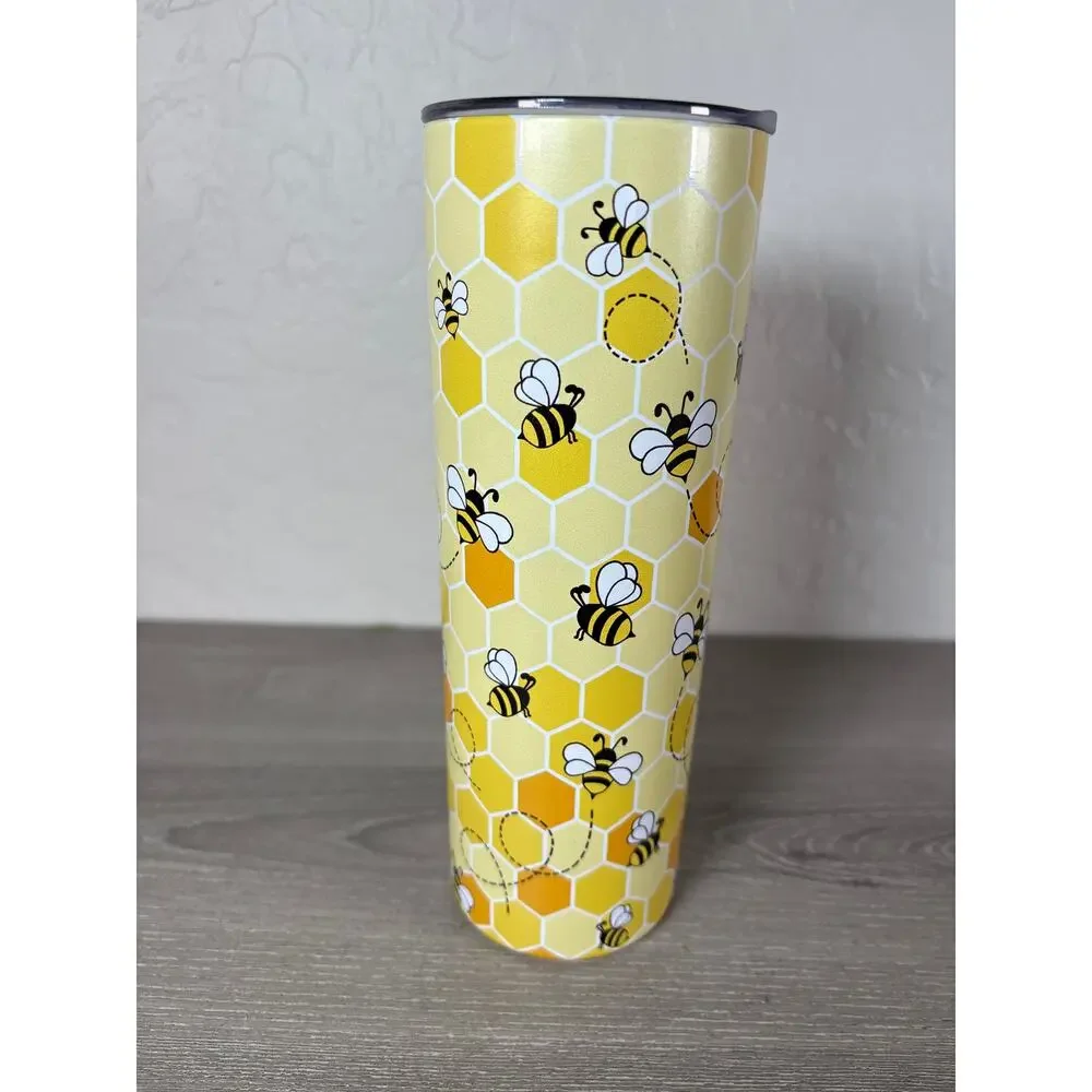 Bee Tumbler 20 oz Stainless Steel Insulated Travel Mug HoneyComb Backdrop‎ EUC